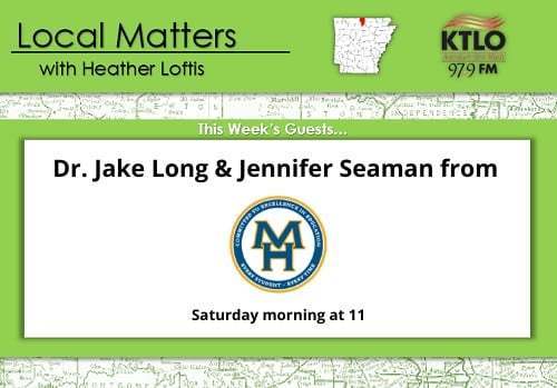 A graphic that says Local Matters with Heather Loftis featuring Dr. Jake Long & Jennifer Seaman from Mountain Home Public Schools