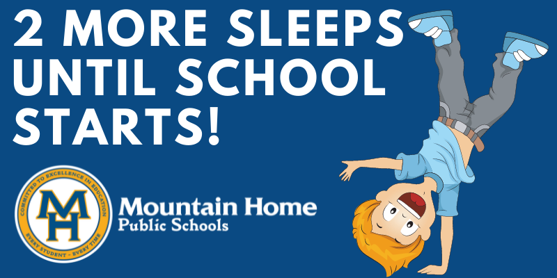 a graphic that says 2 more sleeps until school starts. a cartoon boy doing a hand stand.