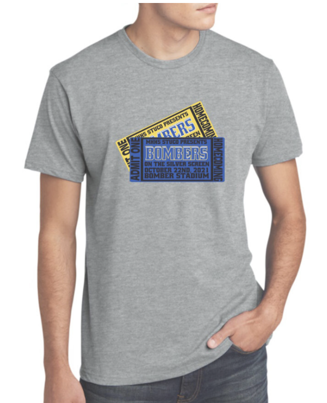 a man wearing a homecoming t-shirt featuring blue and gold movie tickets