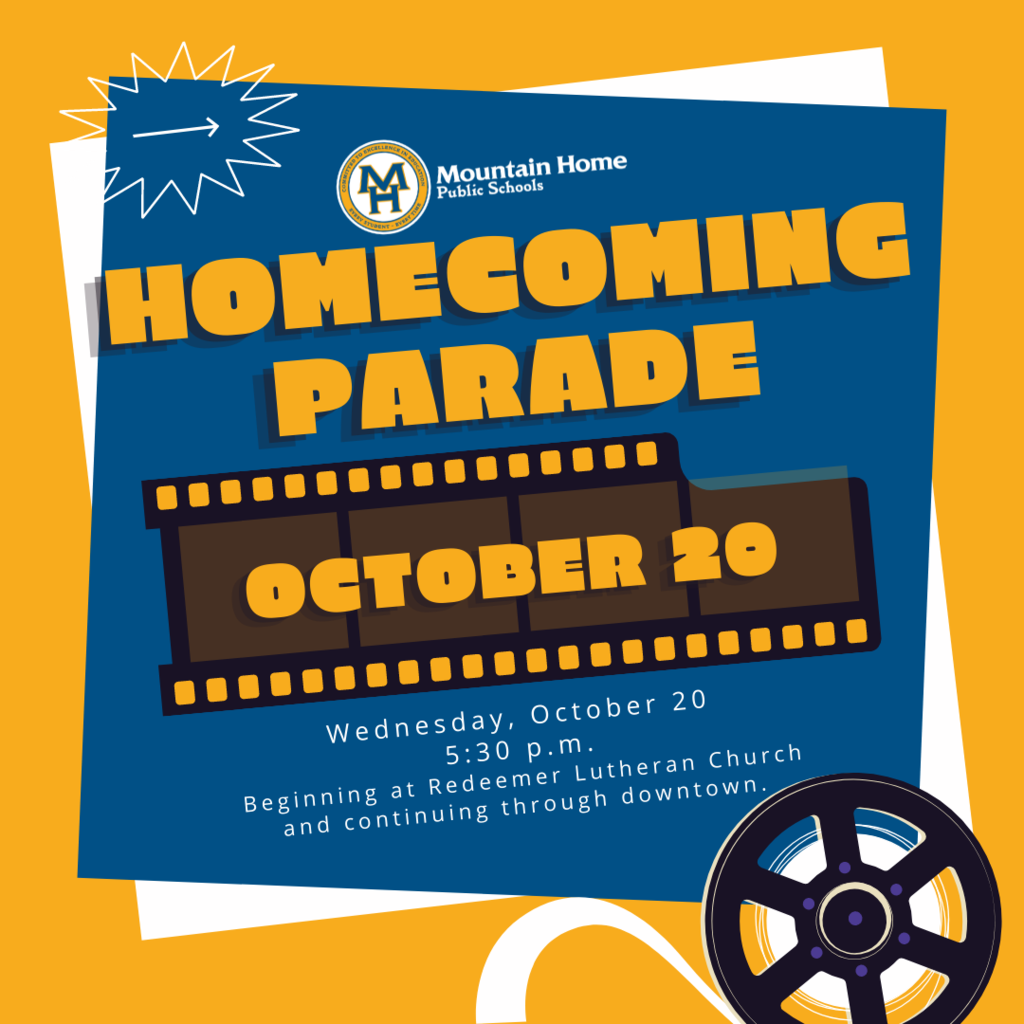 a graphic: MHPS Homecoming Parade: Wednesday, October 20, 2021 at 5:30 p.m. Parade route begins at Redeemer Lutheran Church and runs through the downtown area!