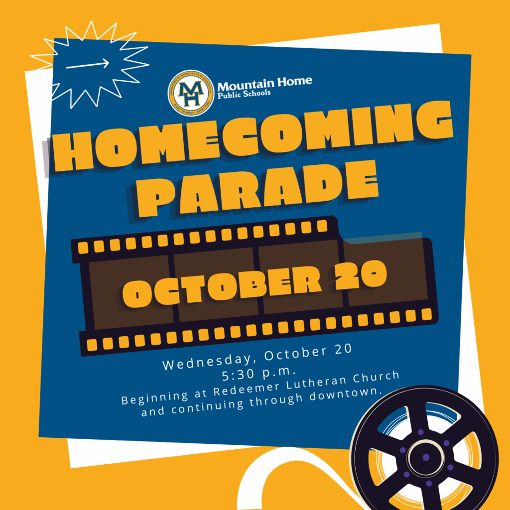 a graphic: MHPS Homecoming Parade: Wednesday, October 20, 2021 at 5:30 p.m. Parade route begins at Redeemer Lutheran Church and runs through the downtown area! 