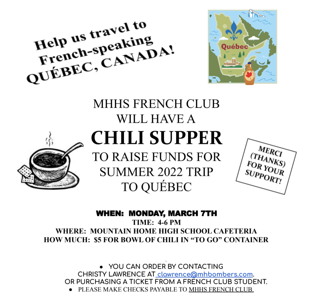 French Club Chili Supper: March 7 from 4-6 - email clawrence@mhbombers.com for more info