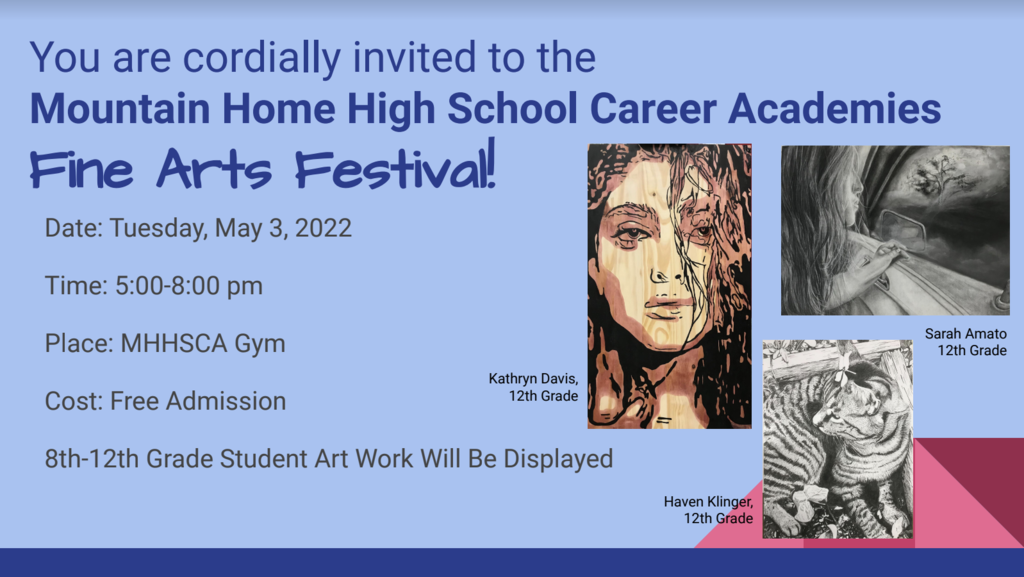a flyer for the fine arts festival at mhhs on may 3, 2022 from 5-8 p.m. in the gym.