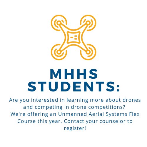 Are you interested in learning more about drones and competing in drone competitions?  We're offering an Unmanned Aerial Systems Flex Course this year. Contact your counselor to register!