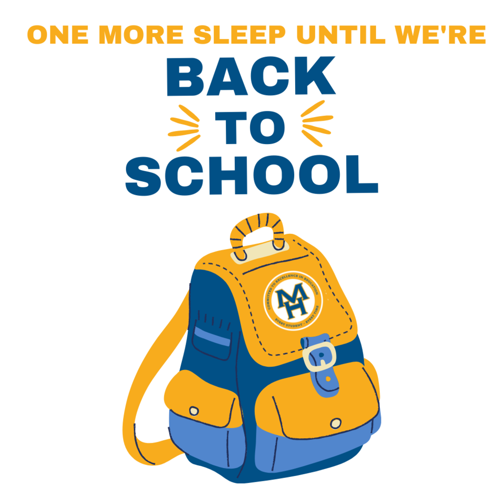 one more sleep until we're back to school - a graphic featuring a blue and gold backpack