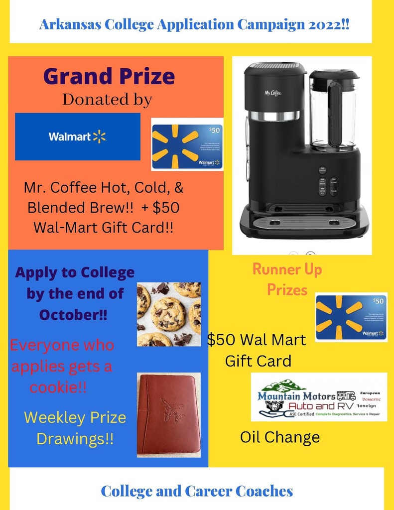 a flyer of prizes for arkansas college application campaign month