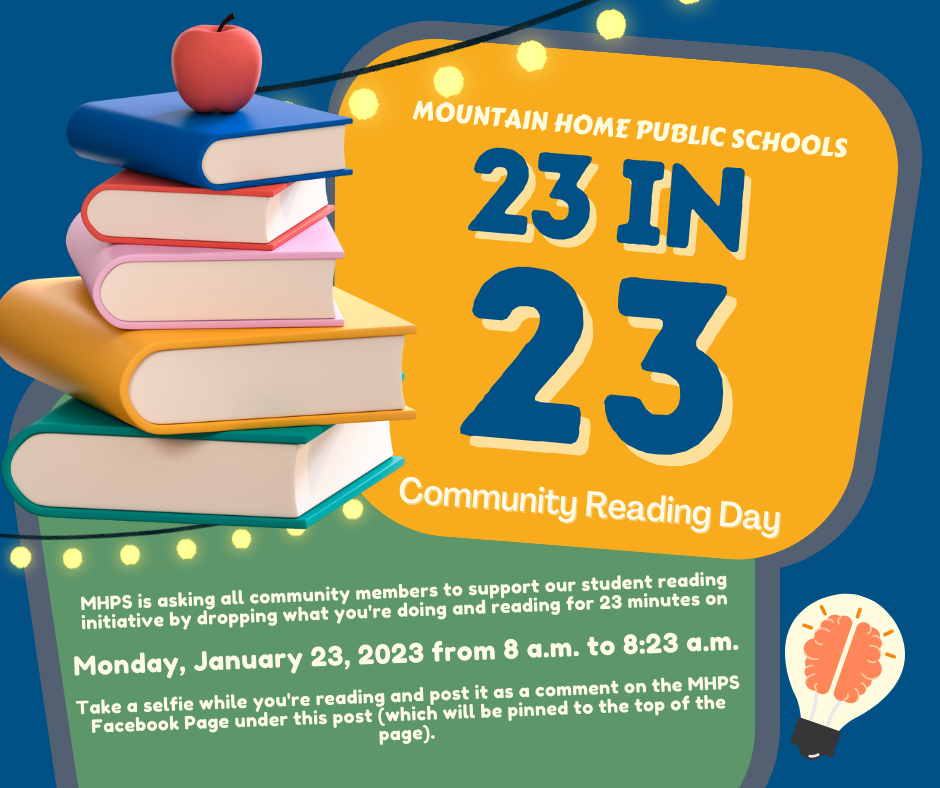 Community Reading Day: MHPS is asking all community members to support our student reading initiative by dropping what you're doing and reading for 23 minutes on  Monday, January 23, 2023 from 8 a.m. to 8:23 a.m.  Take a selfie while you're reading and post it as a comment on the MHPS Facebook Page under this post (which will be pinned to the top of the page). 