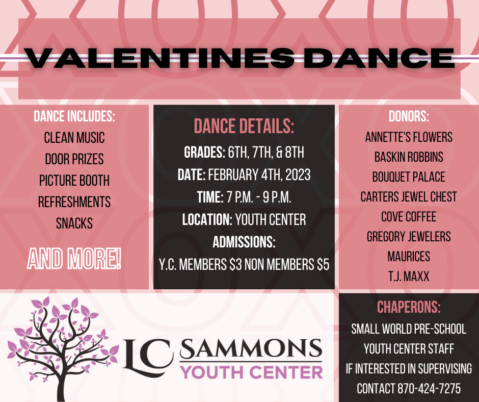 valentine's dance at the youth center on feb 4 for grades 6, 7 and 8