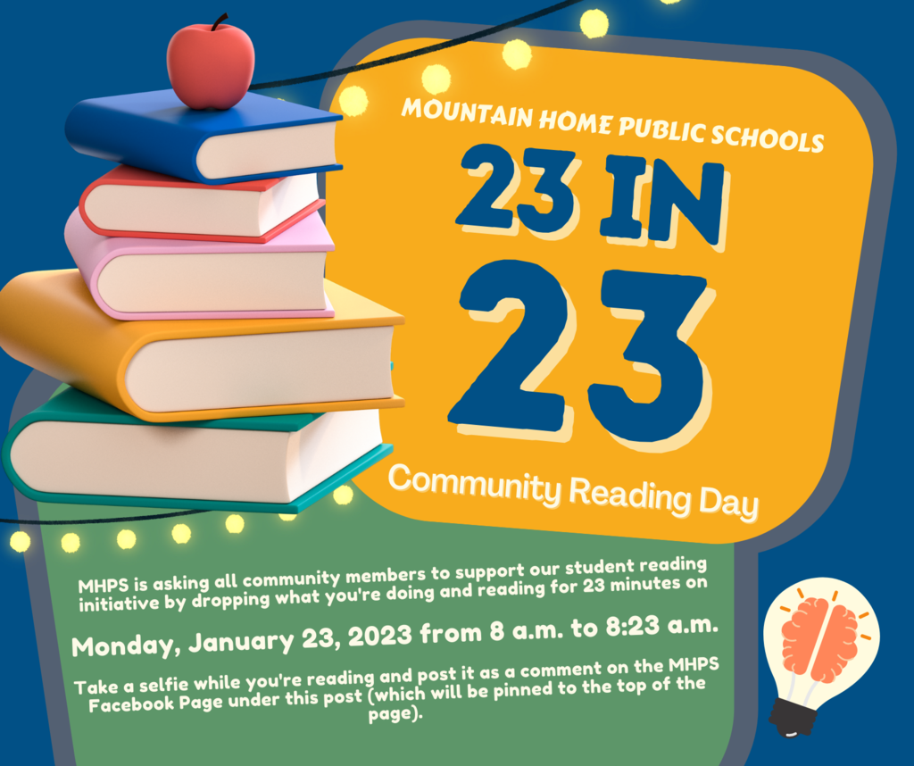 Community Reading Day: MHPS is asking all community members to support our student reading initiative by dropping what you're doing and reading for 23 minutes on Monday, January 23, 2023 from 8 a.m. to 8:23 a.m. Take a selfie while you're reading and post it as a comment on the MHPS Facebook Page under this post (which will be pinned to the top of the page).