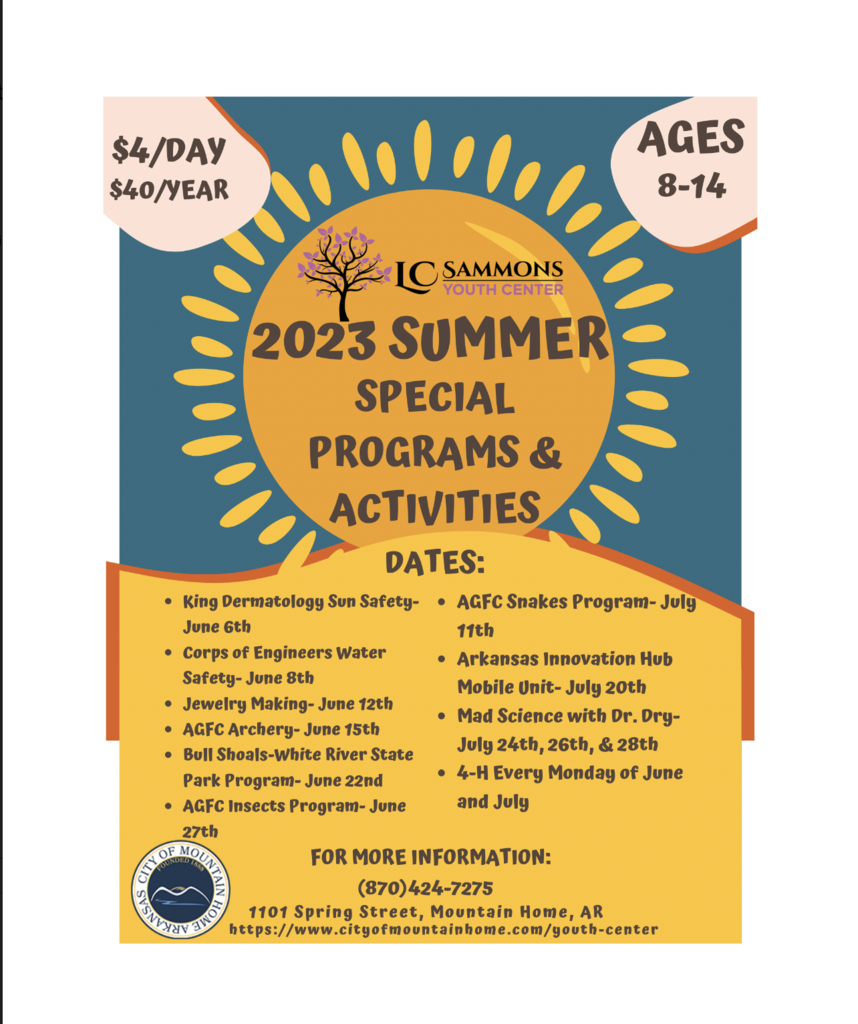 2023 Summer Special programs and activities at the youth center for ages 8-14